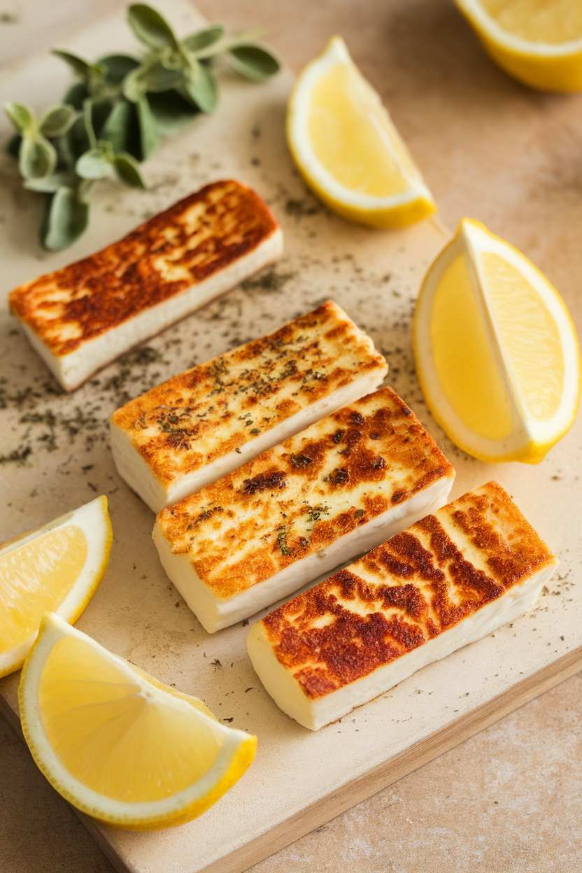 An indoor serving board with thick halloumi sticks seared until golden, lemon wedges on the side, a sprinkle of oregano visible. No text or logos. Photo, not illustration.