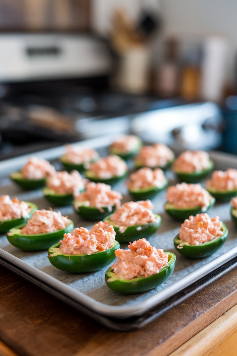An indoor baking sheet featuring halved jalapeños brimming with a creamy, cooked crab mix, lightly browned on top. No text or logos present. Photo, not illustration.