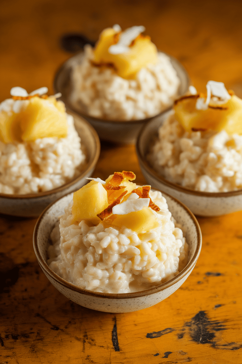 Indoor photo of creamy rice pudding in small bowls, topped with pineapple chunks and toasted coconut, no text or logos