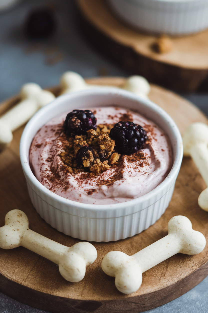 A ramekin indoors containing dark cocoa yogurt, surrounded by jicama sticks shaped like bones, blackberry crumble sprinkled on the dip’s surface. No text or logos.