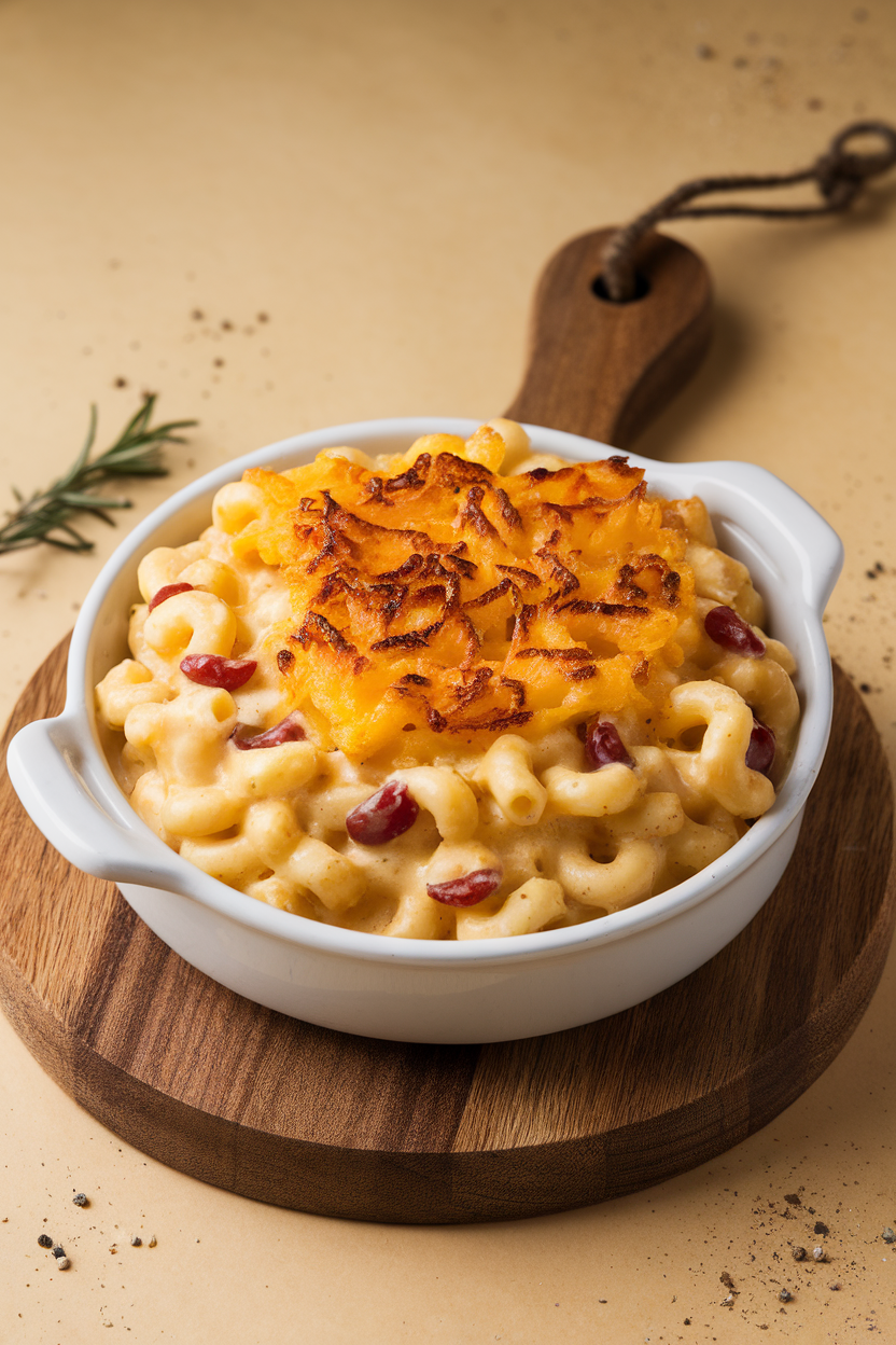 Indoor serving bowl with creamy mac and cheese flecked with red pimiento pieces and a browned cheddar crust. Photo, no text or logos.