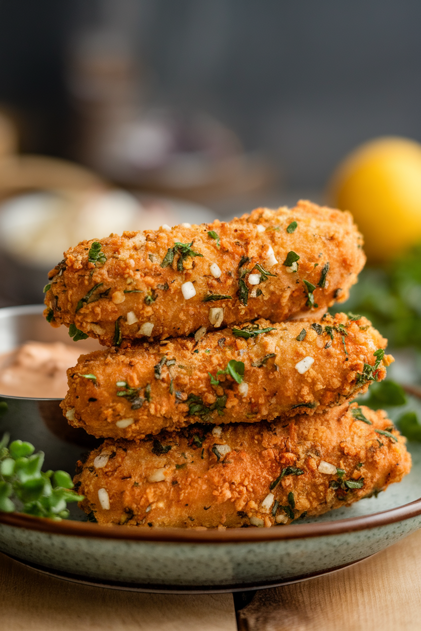 Indoor photo of breaded chicken tenders flecked with herbs and garlic, stacked on a plate with dipping sauce; neutral light, no text or logos