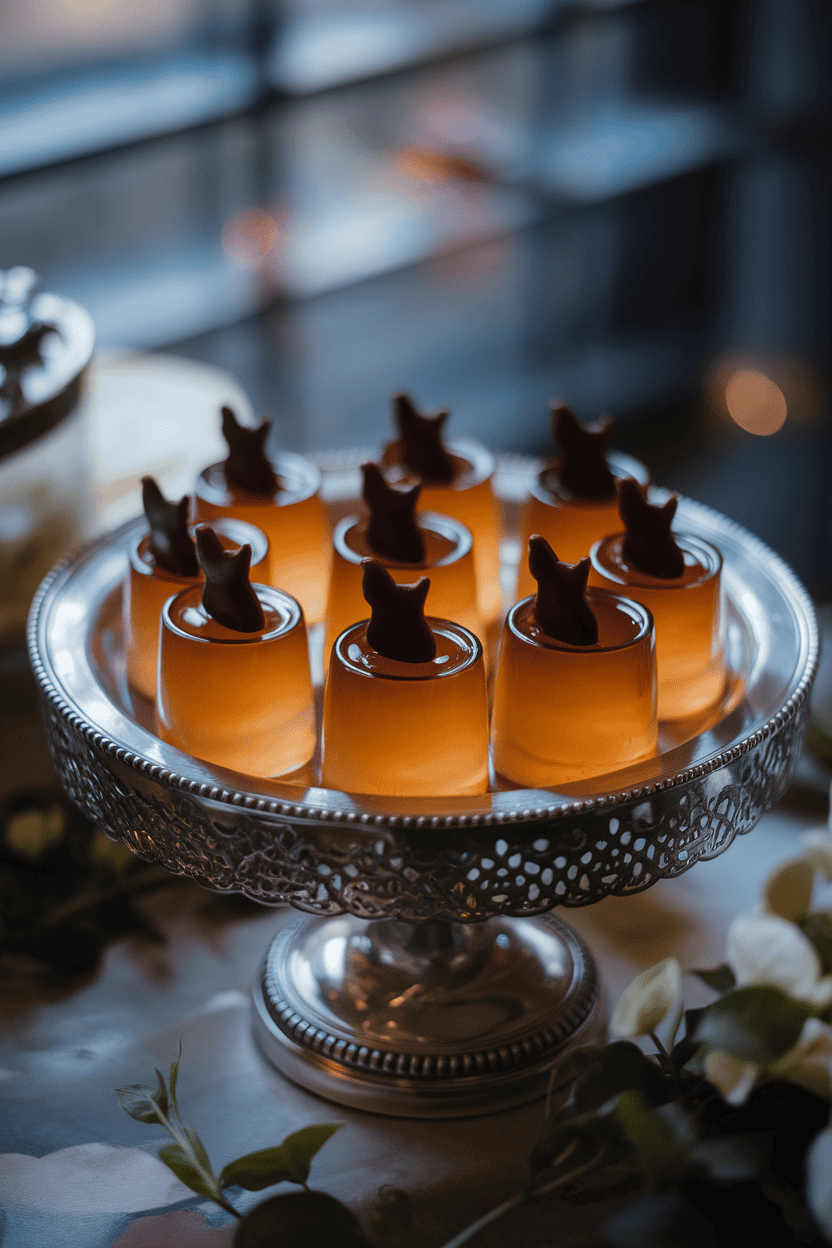 Indoor tabletop with opaque black jello shots on a silver platter, topped with tiny chocolate cat silhouettes, gentle moody lighting, no logos