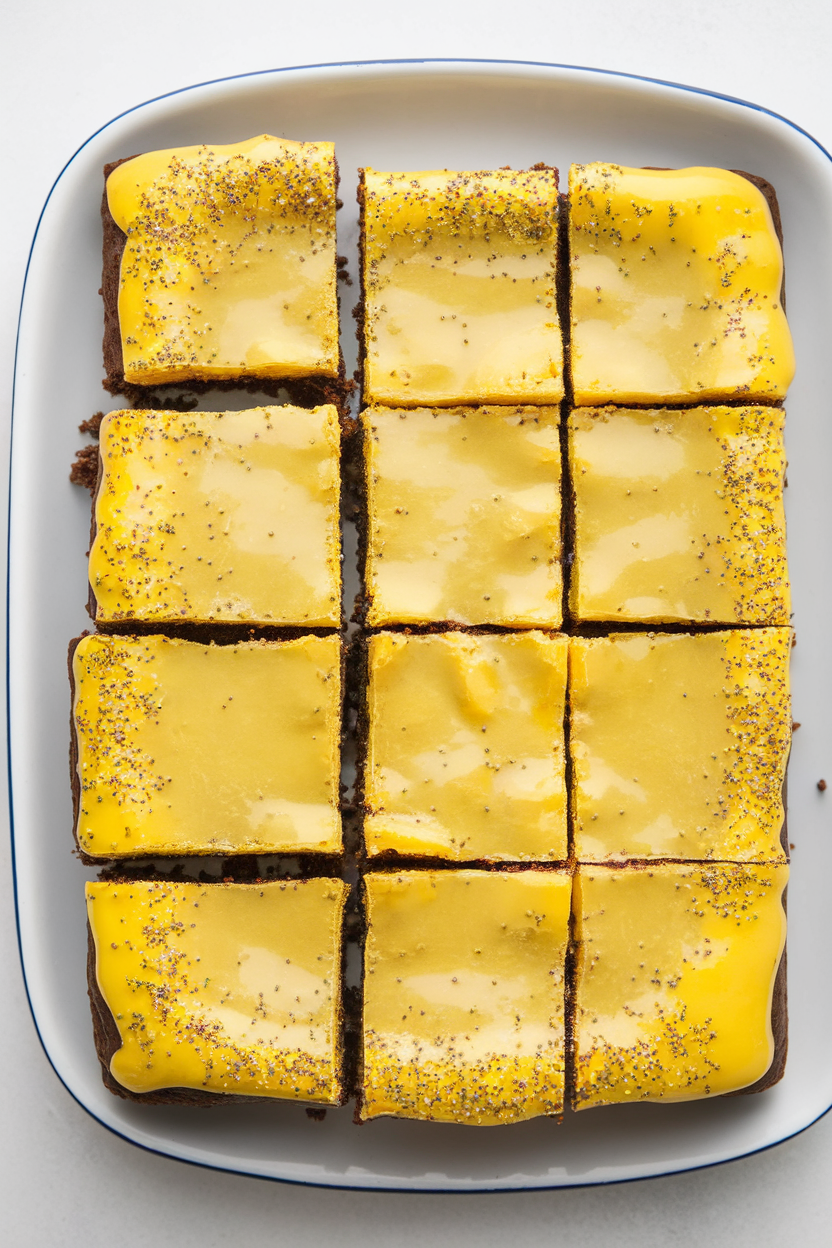 Indoor photo of brownies with bright yellow lemon glaze speckled with poppyseeds, sliced on a white dish; no text or logos