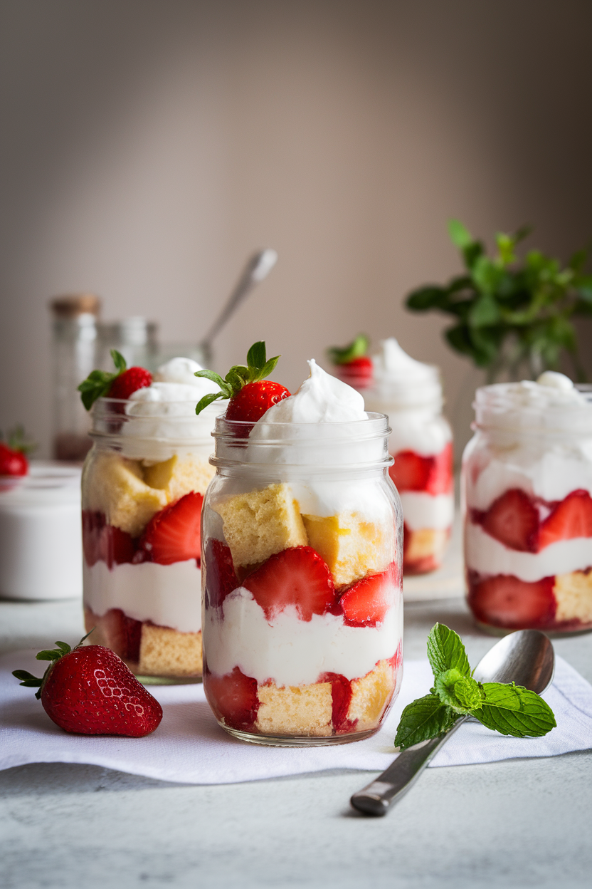 Indoor tabletop featuring mason jars layered with pound cake cubes, macerated strawberries, and whipped cream. No text or logos.