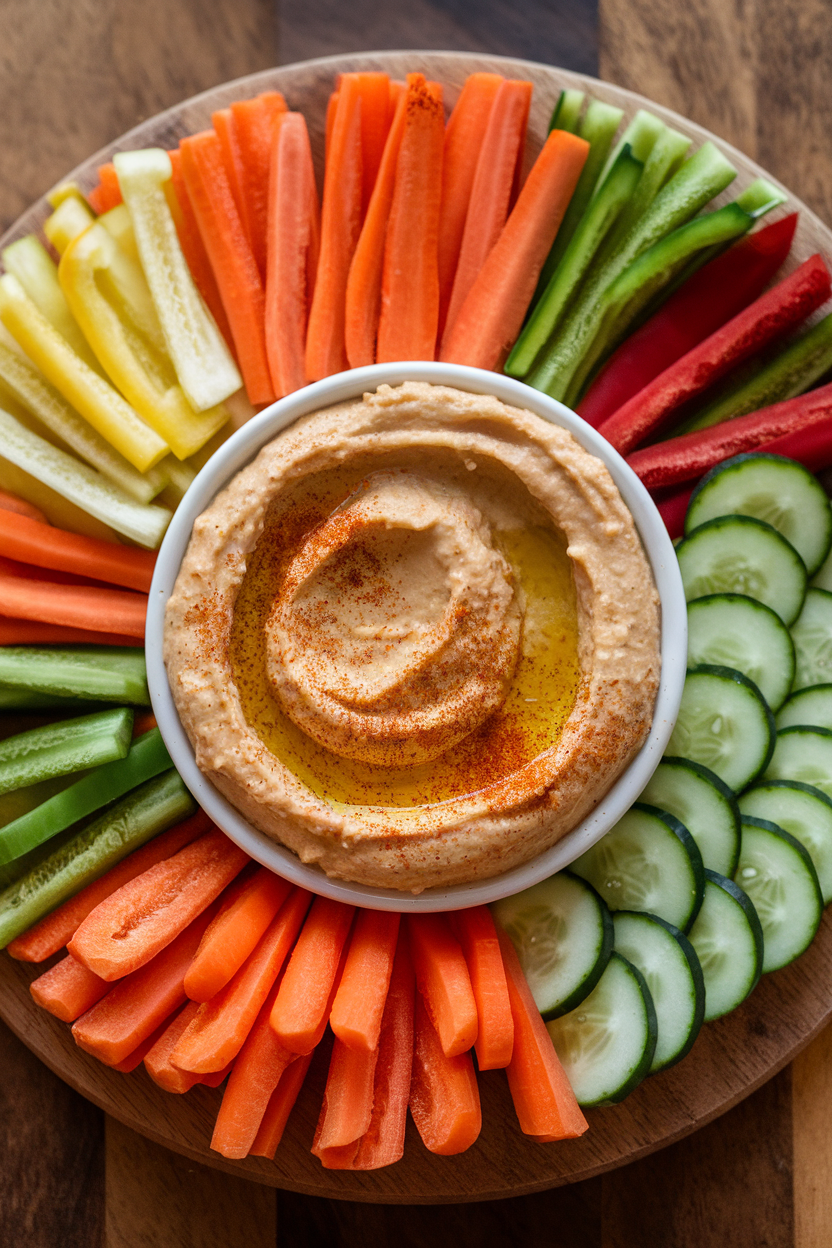 Indoor photo of a platter featuring carrot sticks, bell pepper strips, and cucumber coins arranged around hummus; no text or logos