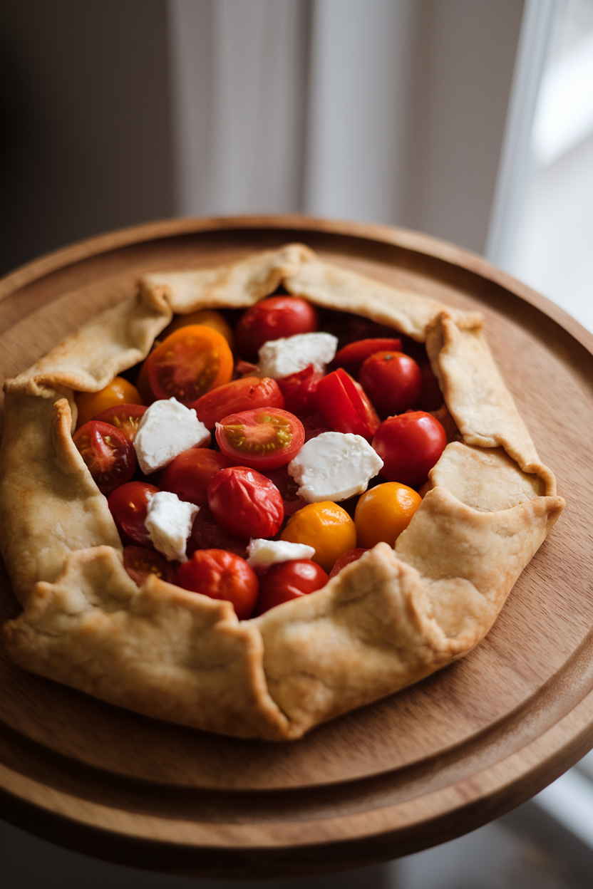 Photo of a slice of rustic galette filled with cherry tomatoes and goat cheese, crust edges folded casually, shot indoors on a wooden plate. No text or logos anywhere.