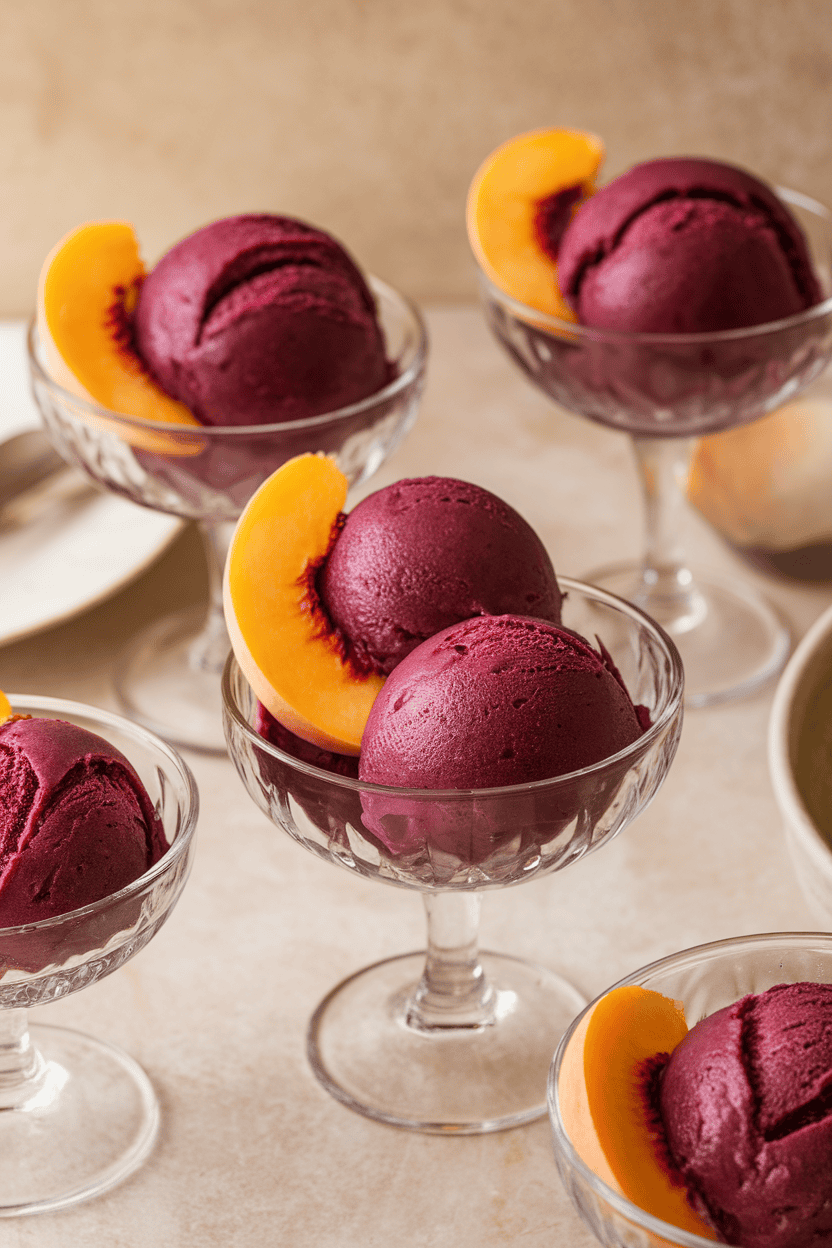 Indoor photo of scoops of deep purple sorbet in vintage coupes, peach slice garnish, no text or logos
