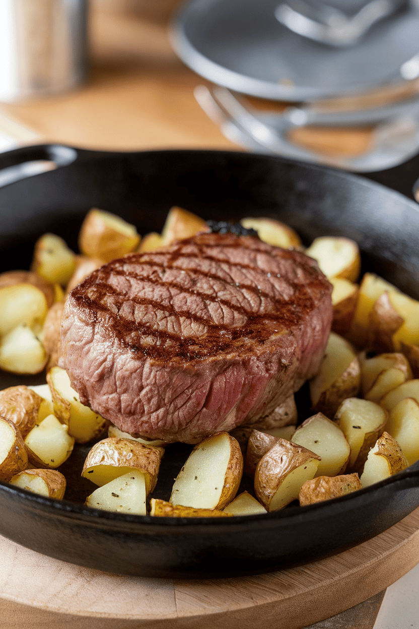 Indoor photo of a seared steak resting atop diced roasted potatoes in a cast-iron skillet; no logos or text visible.