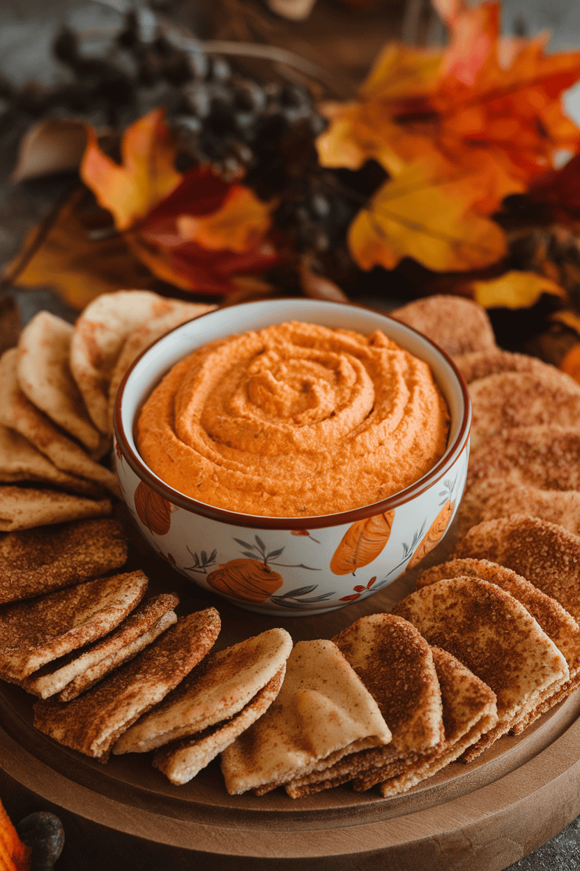 Indoor fall-themed bowl of creamy orange dip with cinnamon sugar pita chips arranged nearby. No text or logos.