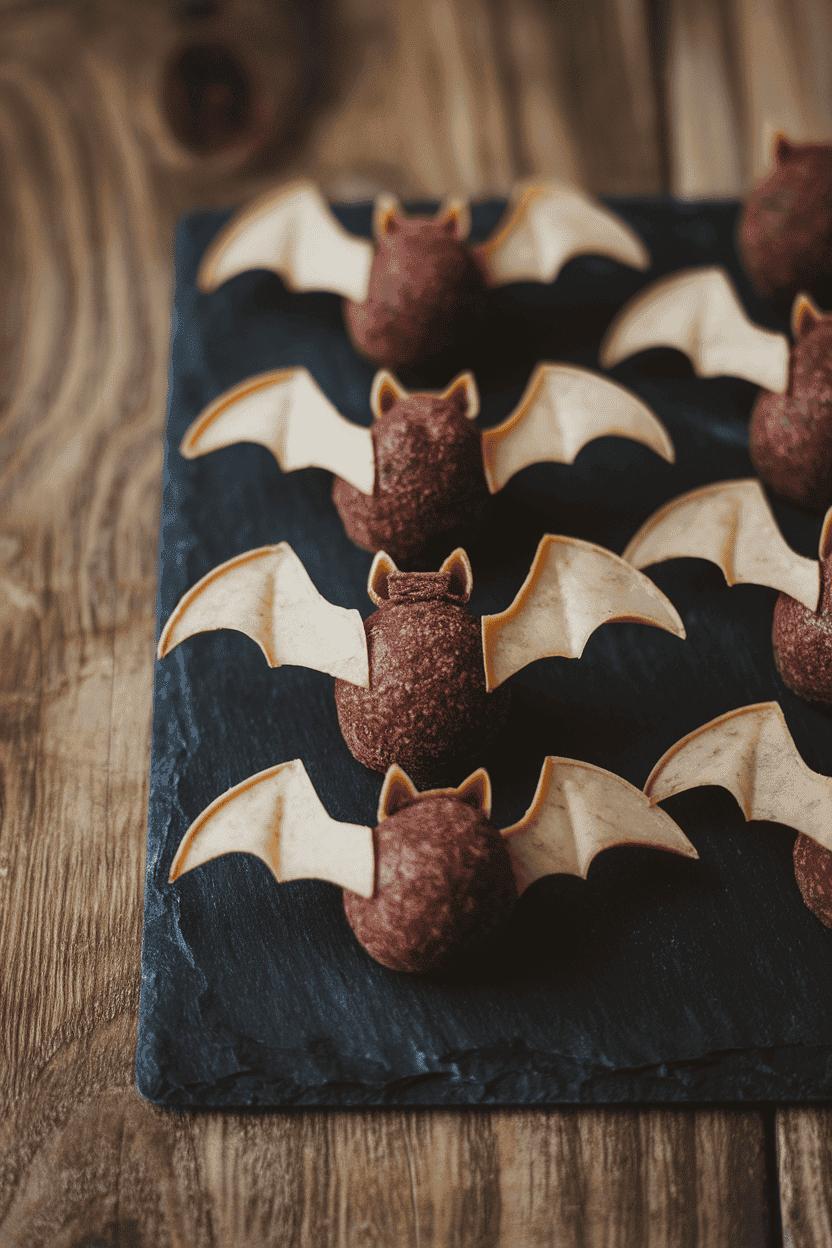 Indoor dessert slate with round truffles coated in black cocoa, two almond slice wings on each forming bats. No logos or text.