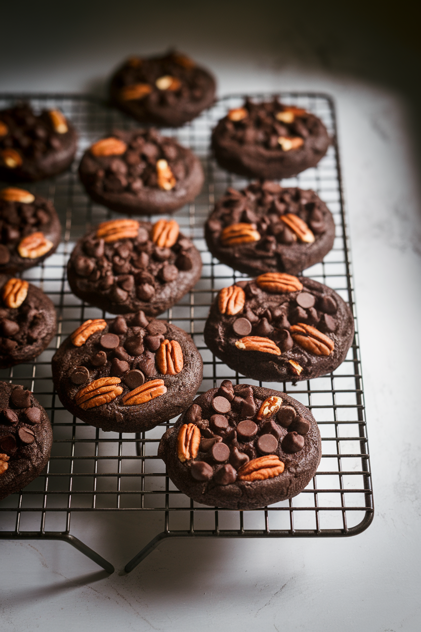 Indoor cooling rack packed with dark chocolate cookies studded with pecan chunks and chocolate chips. Soft spotlight, no logos or text. Photo, not illustration.