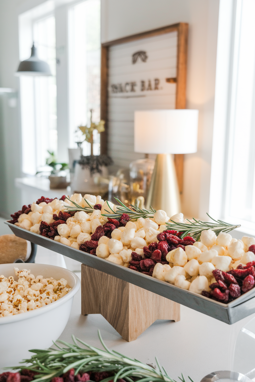 A brightly lit indoor snack bar layout with a wide tray of rosemary-garlic popcorn, white cheddar cheese curds, and dried cranberries tucked in clusters. No text or logos. Photo only.