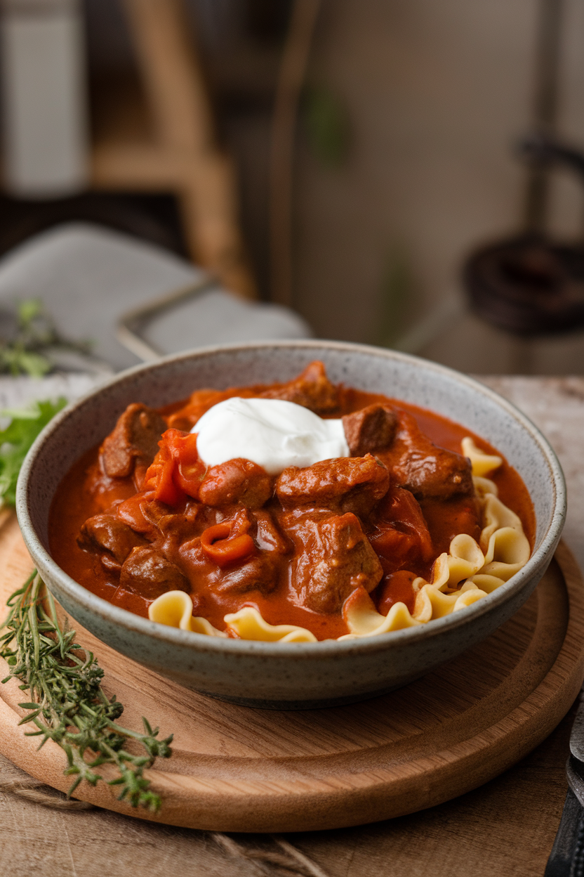 Indoor photo of a bowl of Hungarian goulash—beef chunks in deep-red paprika gravy, dollop of sour cream on top. No logos or text.