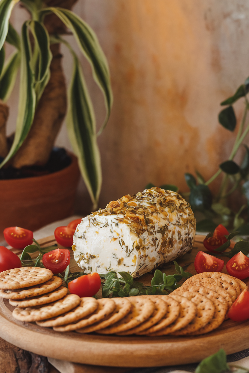 Warm indoor countertop with a goat cheese log rolled in minced roasted garlic and fresh herbs, surrounded by seeded crackers and cherry tomato halves. No text or logos. Photo only.