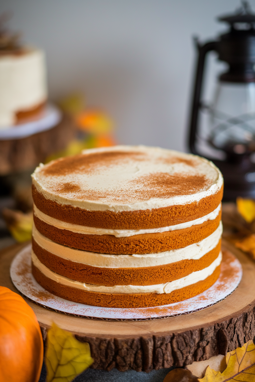 Indoor photo of a semi-naked pumpkin cake with coffee buttercream layers visible, dusted with cinnamon. No text or logos.