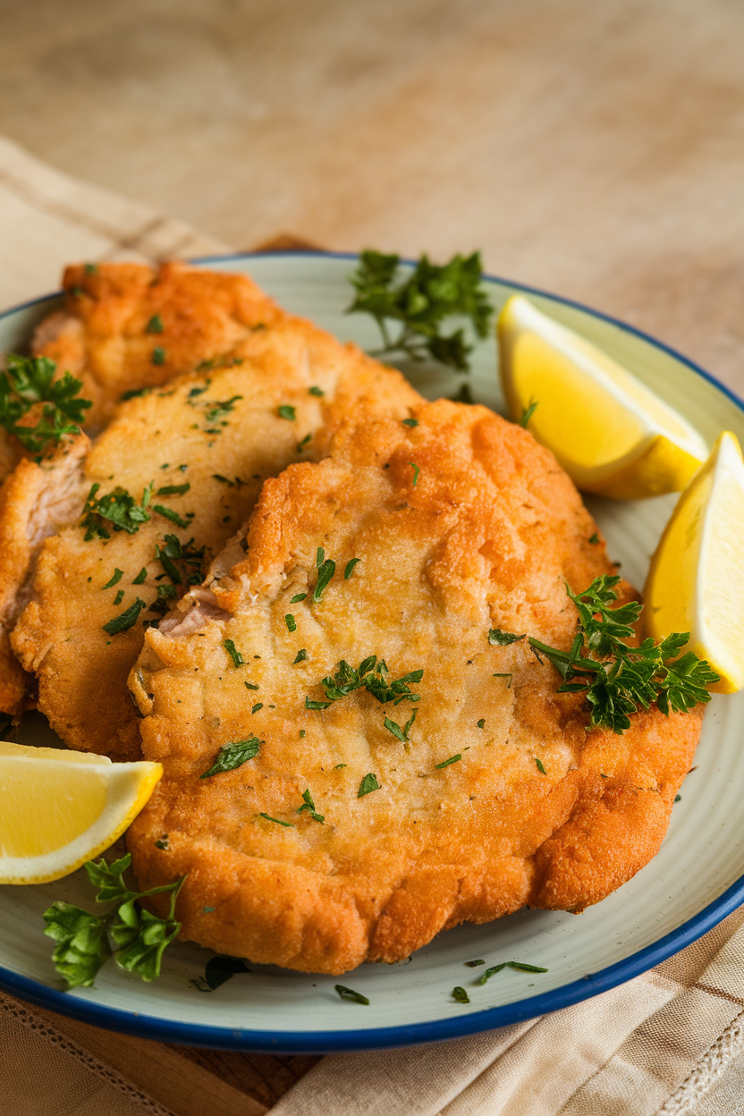 Indoor photo of golden pork schnitzel cutlets on a plate with lemon wedges and parsley, no text or logos. Photograph, not illustration.