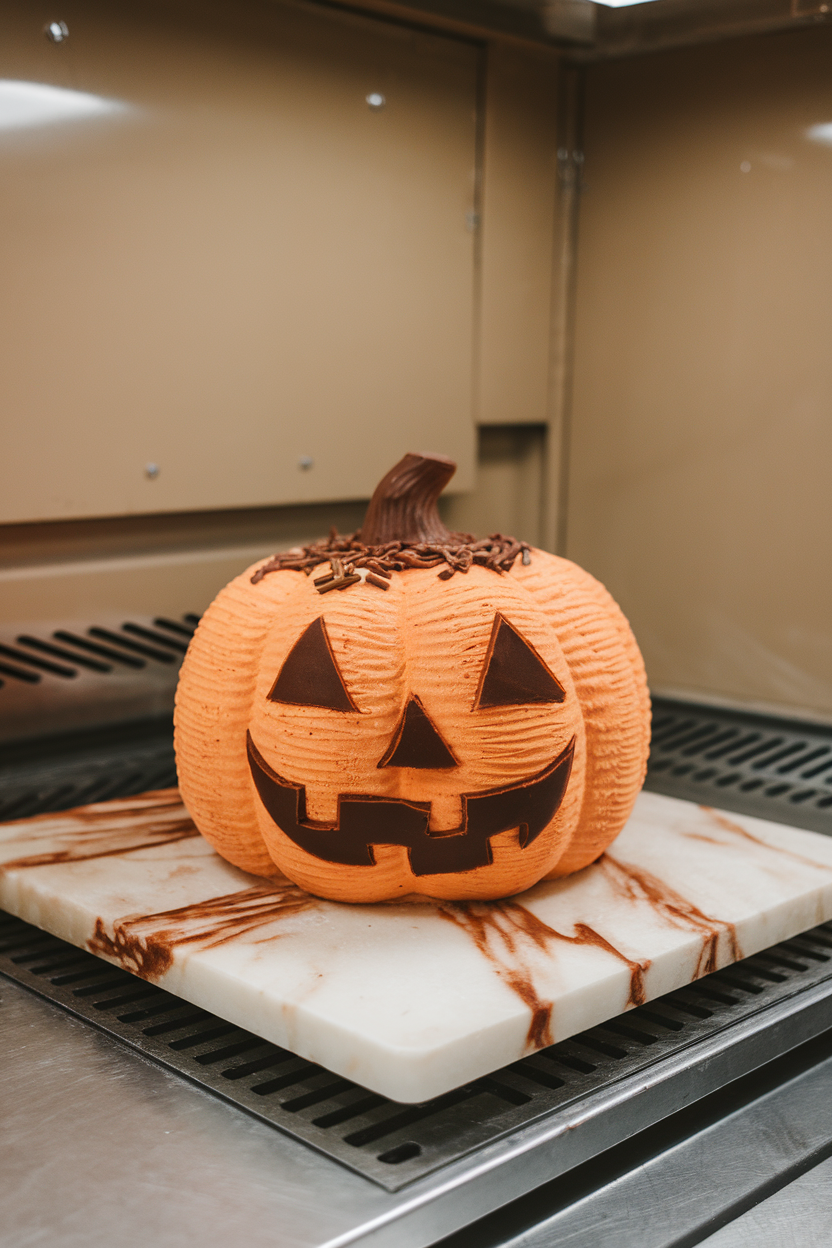 Indoor photo of an orange ice cream cake shaped like a pumpkin with carved chocolate features, kept on a chilled marble slab. No text or logos.