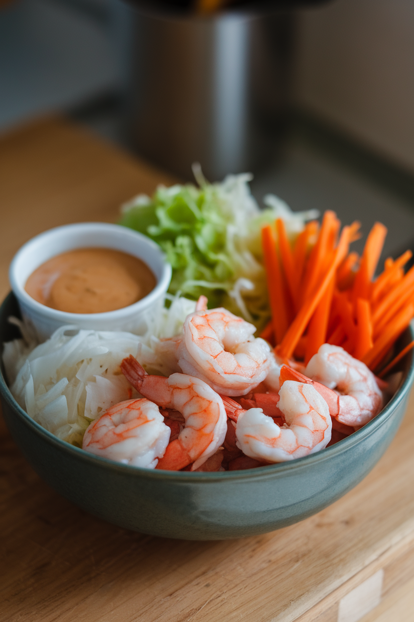 Photo of a meal prep bowl indoors featuring cooked shrimp, rice noodles, shredded lettuce, and matchstick carrots with peanut dressing on the side. No text or logos.