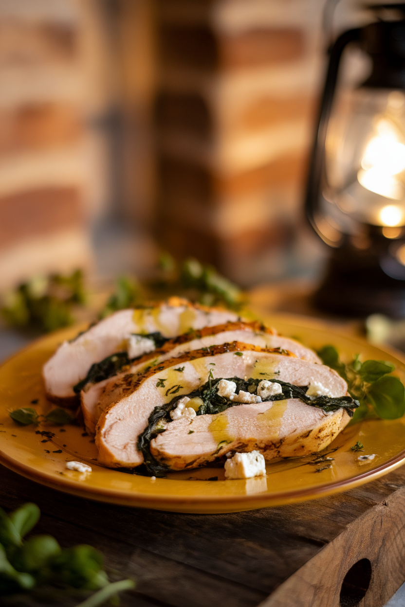 A warmly lit indoor plate displaying sliced chicken breasts revealing a spinach-feta filling, drizzled with herbed olive oil. No visible logos or text; photography only.