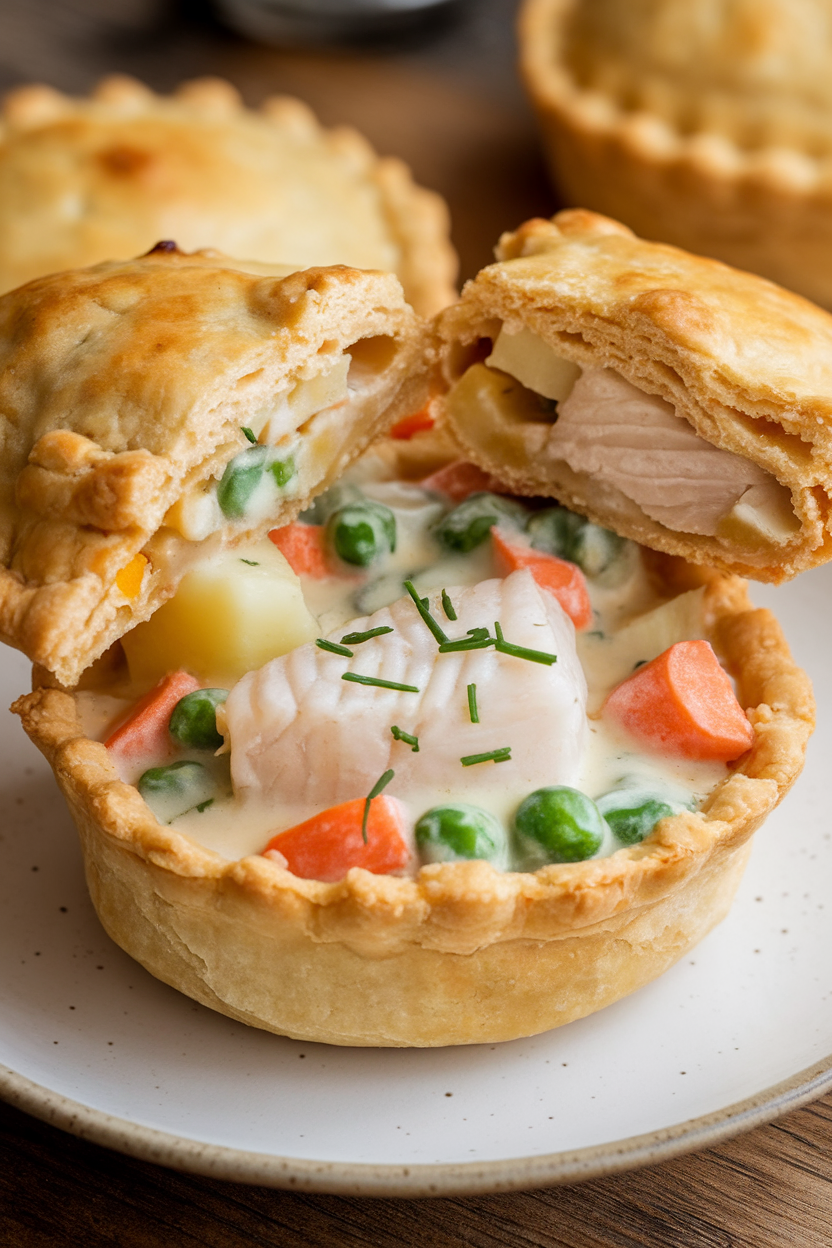 Indoor shot of mini pot pie broken open to reveal cod and vegetables in creamy chive sauce, flaky crust. No text or logos.