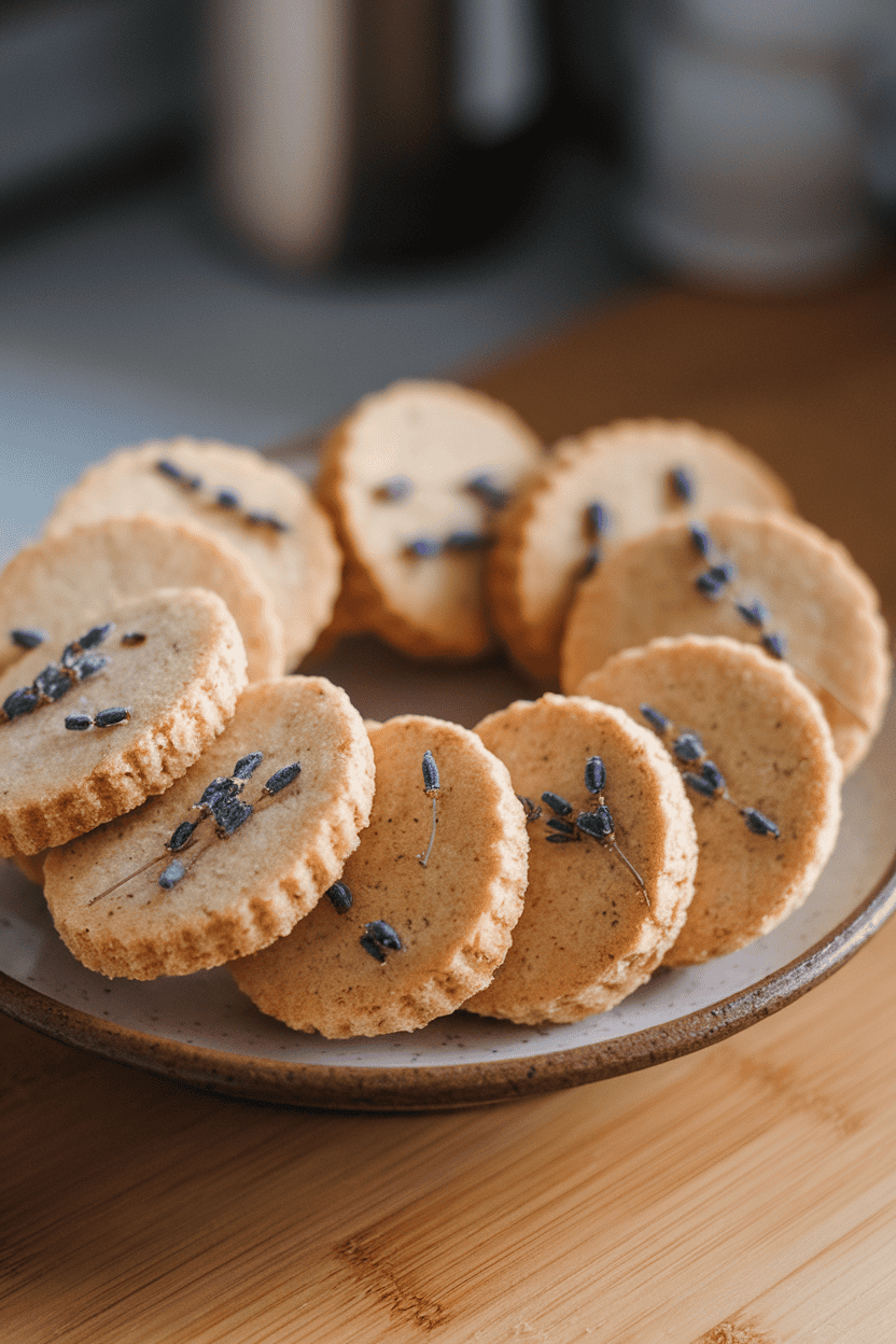 Indoor photo of delicate round shortbread cookies flecked with lavender buds on a ceramic plate, no text or logos