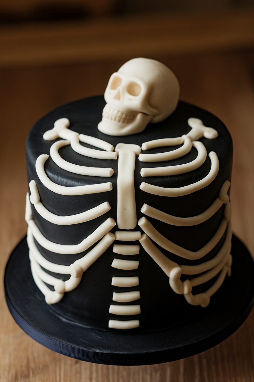 Indoor photo of a matte black cake adorned with molded white chocolate bones arranged like a rib cage. No text or logos.