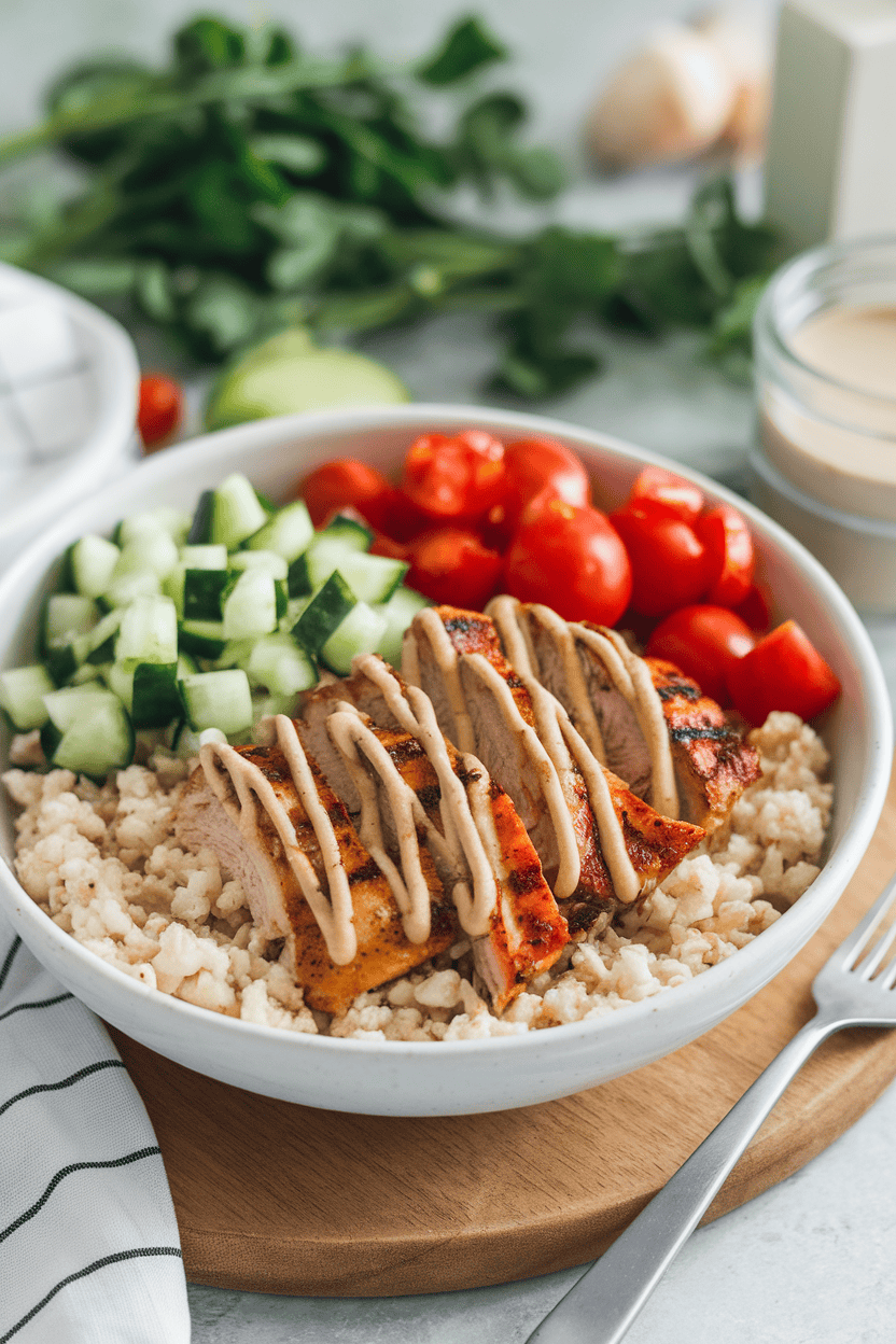 Indoor bowl containing cauliflower rice, grilled chicken strips, diced cucumbers, cherry tomatoes, and tahini drizzle. No text or logos.