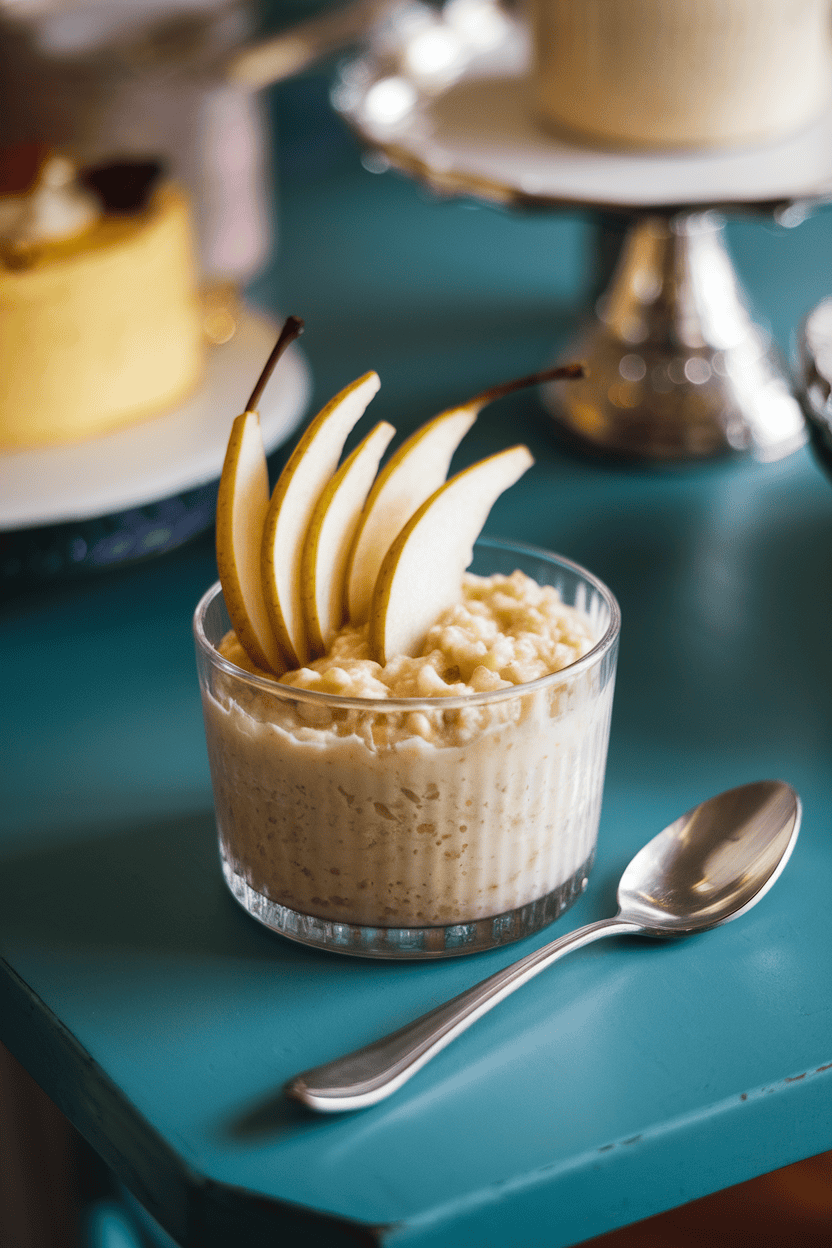 Indoor dessert table showing a glass ramekin of creamy rice pudding crowned with thin pear slices, a silver spoon alongside. Photo only with no branding.