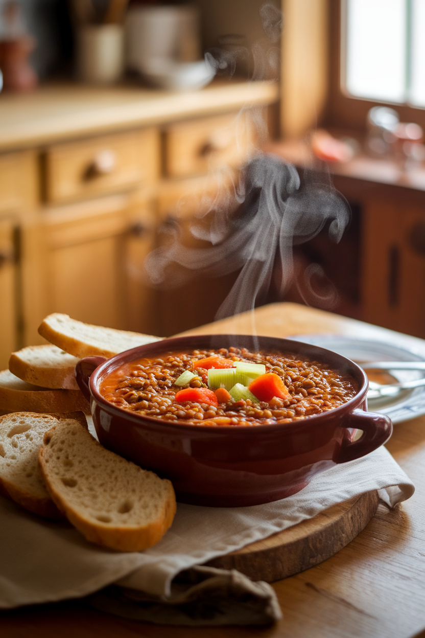 A warmly lit indoor kitchen table displaying a deep bowl of thick lentil soup studded with carrots, celery, and tomatoes, steam rising. No visible text or branding; photography only.
