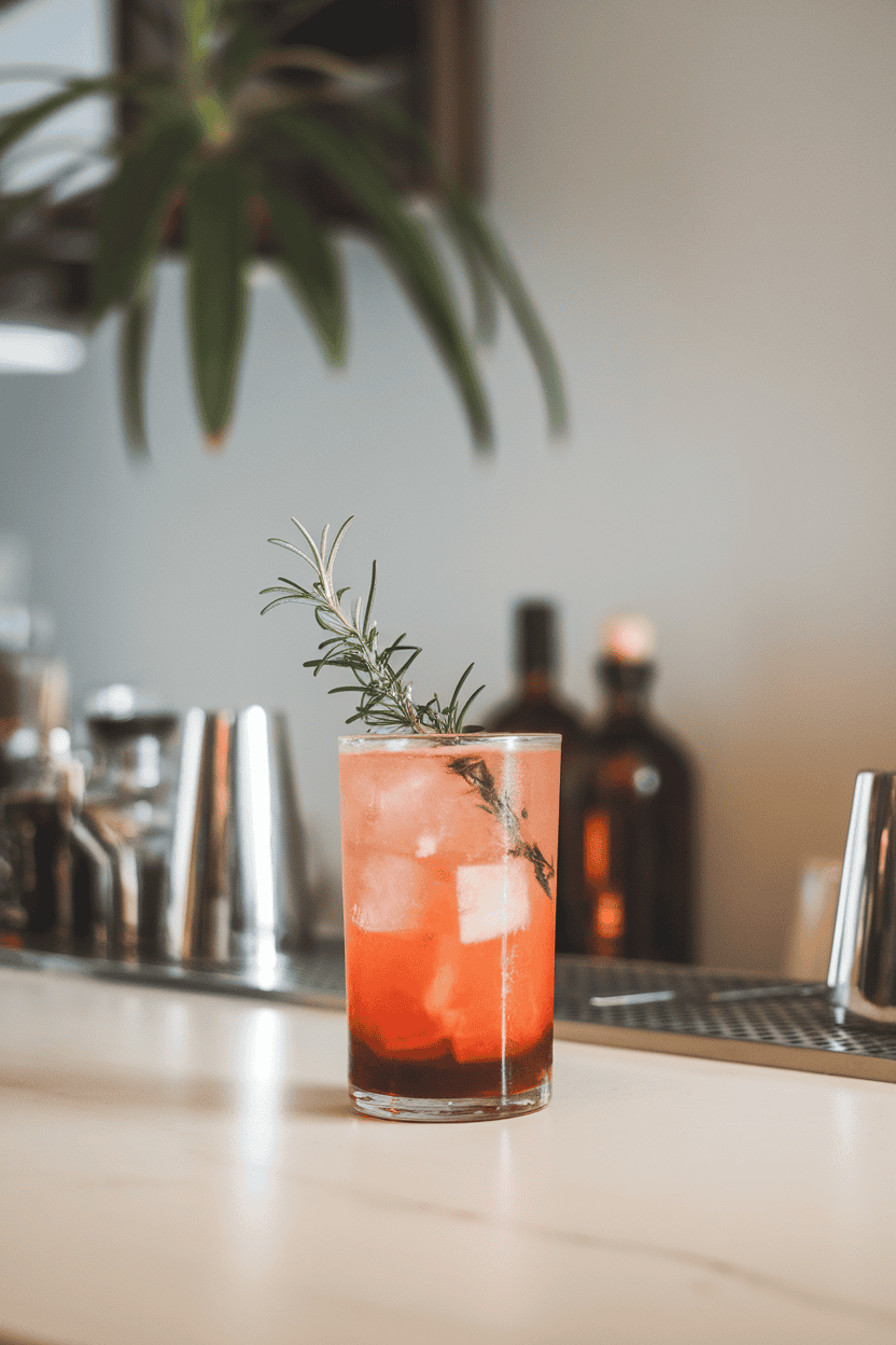 Indoor modern bar with tall glass of charcoal-black grapefruit cocktail over cube ice, slender rosemary sprig garnish; no text or logos.
