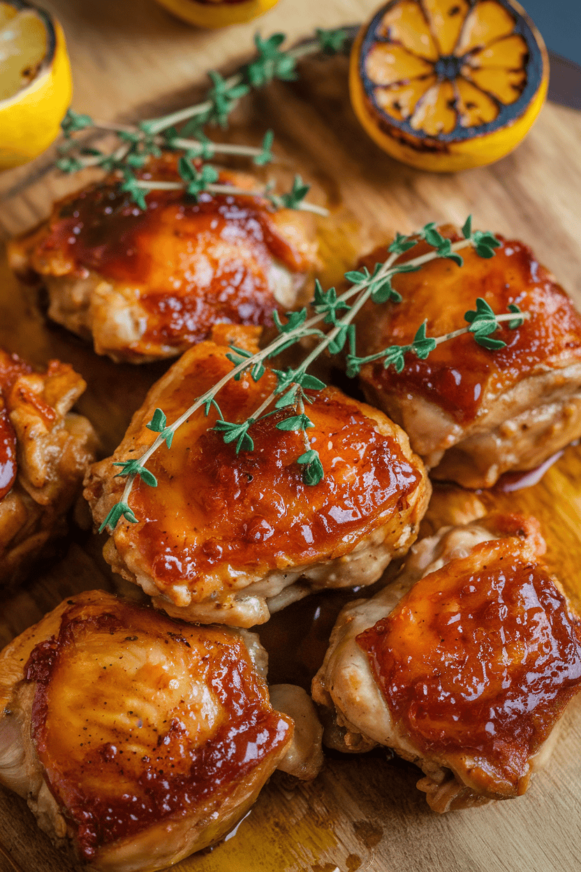 An indoor platter showcasing glazed chicken thighs cooked to a deep golden hue, garnished with thyme sprigs. No text or logos; photo.