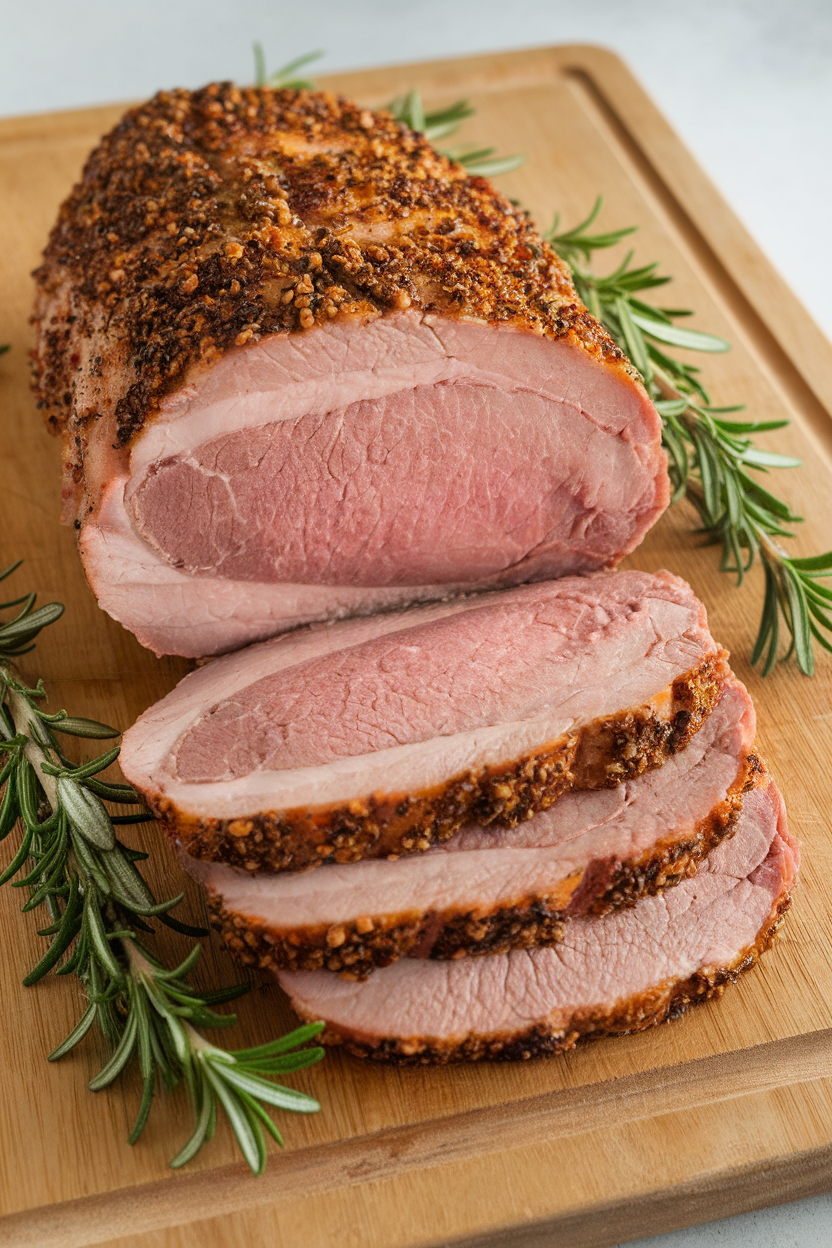 Indoor photo of sliced pork tenderloin with cracked pepper crust, rosy center, on a cutting board with rosemary sprigs, no text or logos. Photo only.