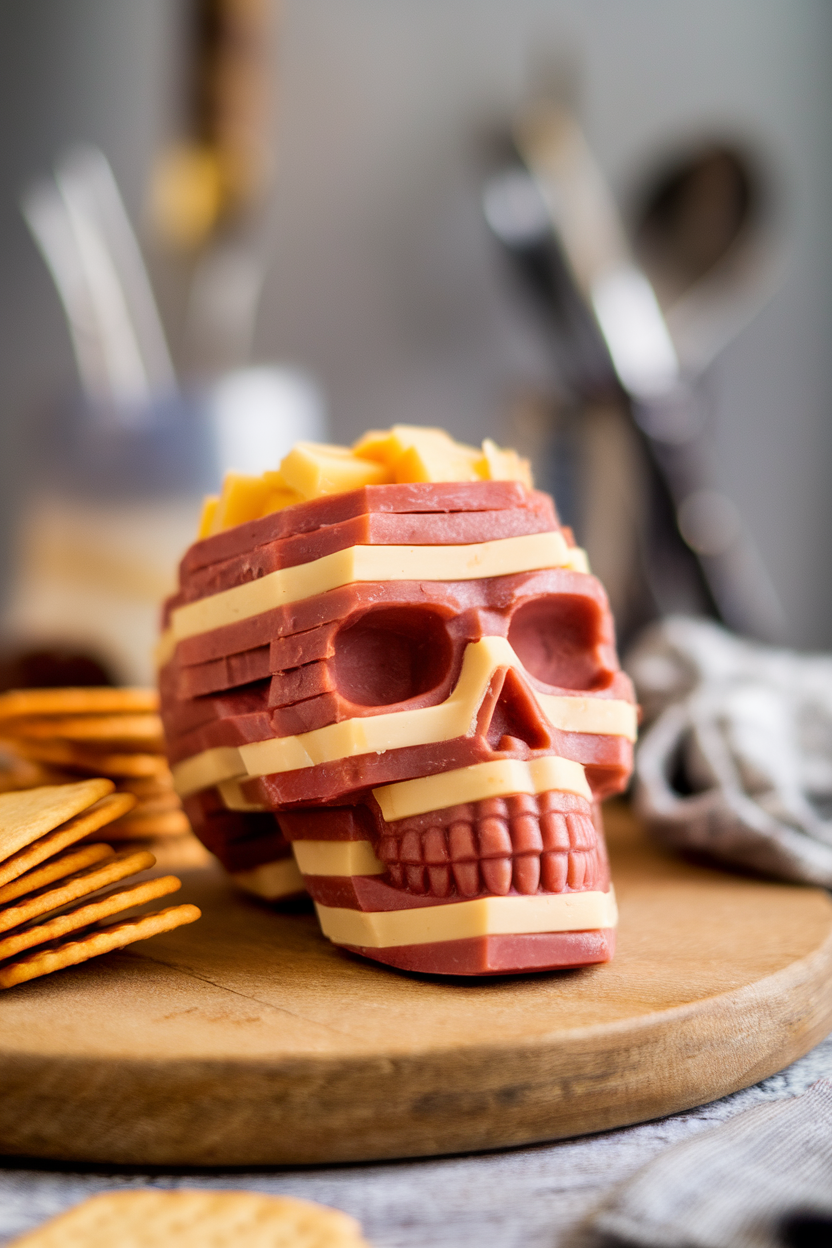 A small skull mold of layered deli meats and cheeses served on an indoor wooden board with crackers. Photo, no text or logos.