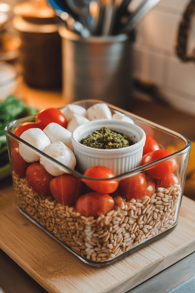 A photo inside a kitchen of a glass container filled with cooked farro, cherry tomatoes, mini mozzarella balls, and a small ramekin of green pesto. No text or logos present.