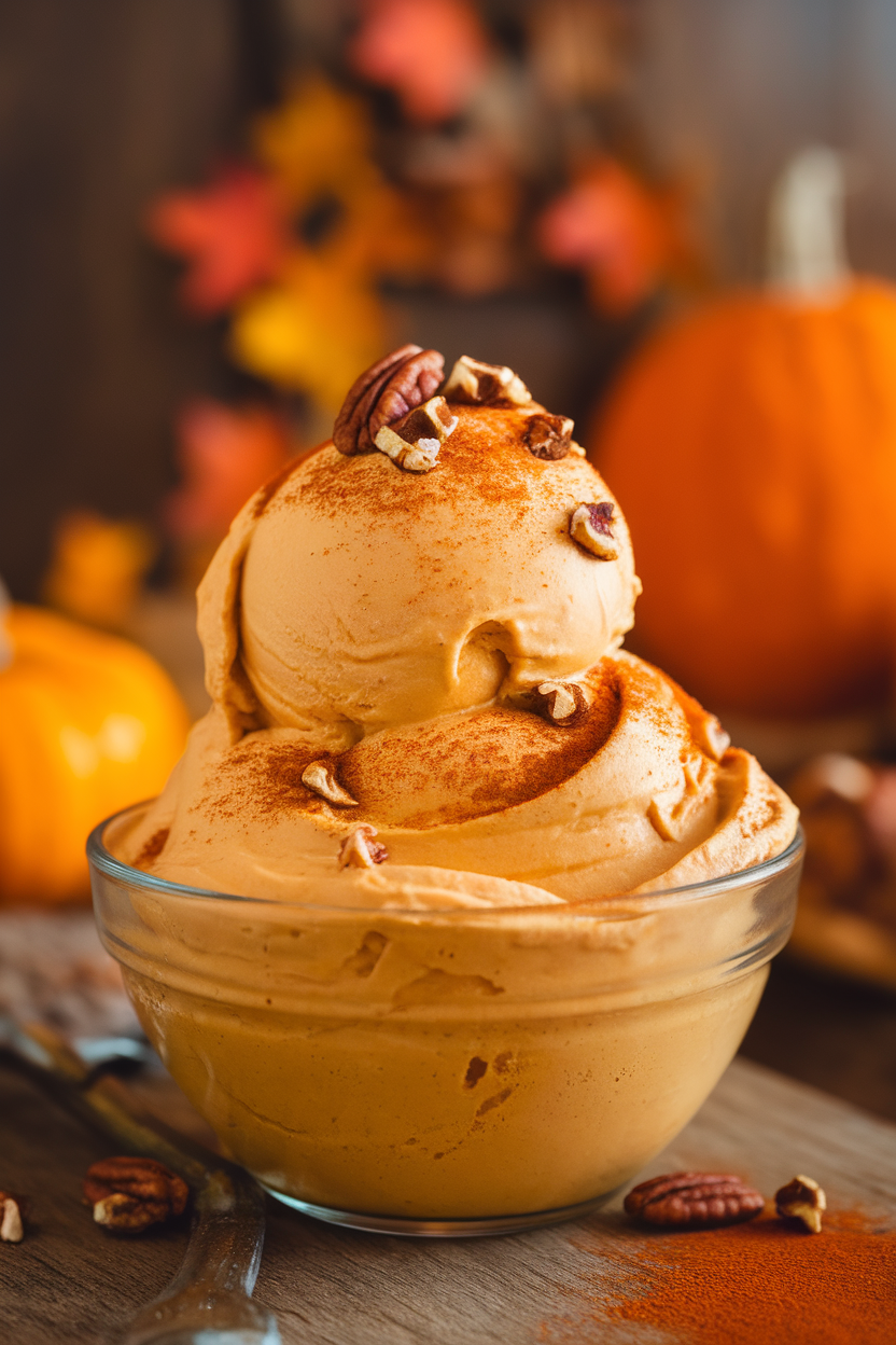 An indoor bowl of creamy orange nice cream scooped high, sprinkled with pumpkin pie spice and crushed pecans, melting slightly at the edges. No text or logos.