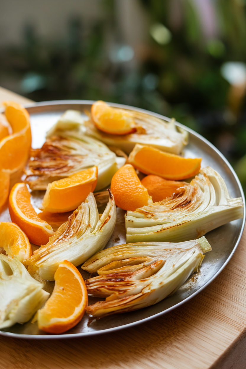 Roasted fennel wedges interspersed with orange segments on an indoor platter; slight caramelization visible, no text or logos. Photo only.