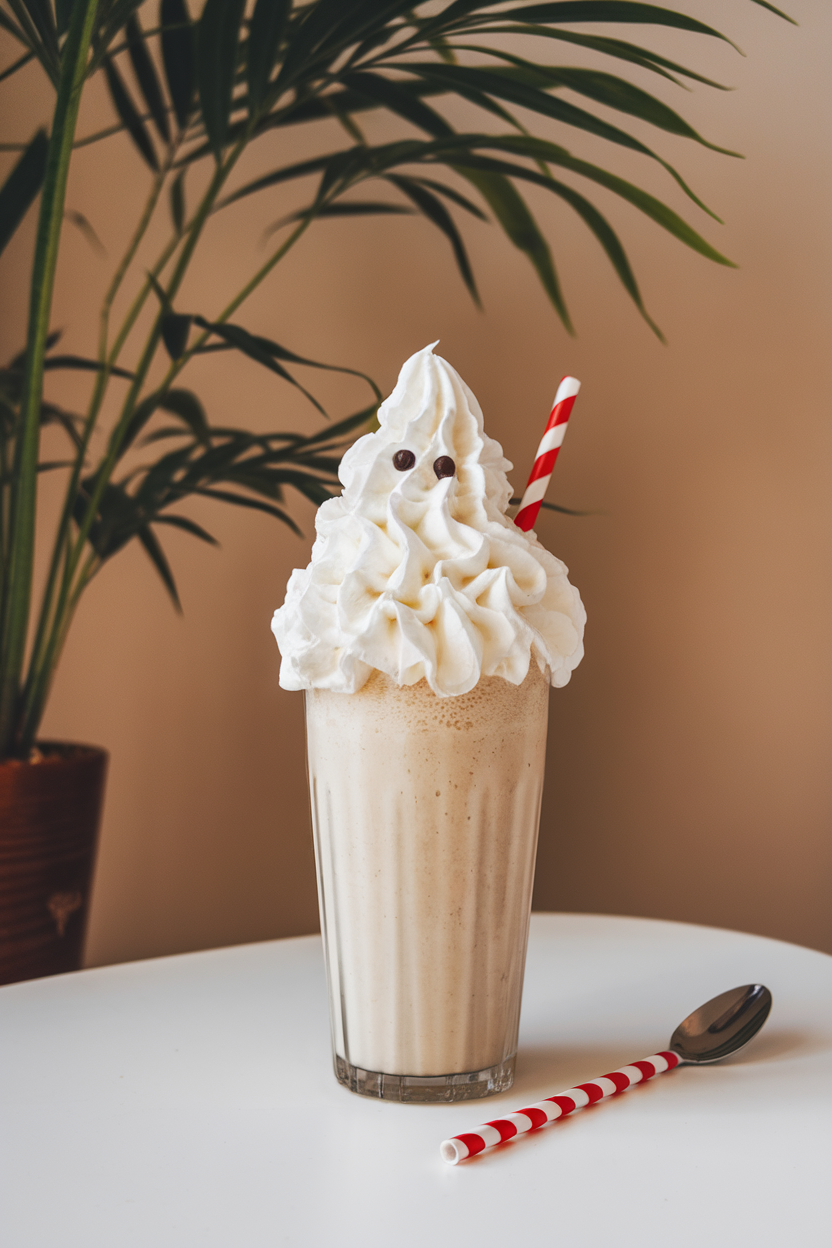 Indoor photo of a tall vanilla milkshake topped with billowy whipped cream shaped like a ghost, dotted with mini-chocolate chip “eyes.” No text or logos in view.