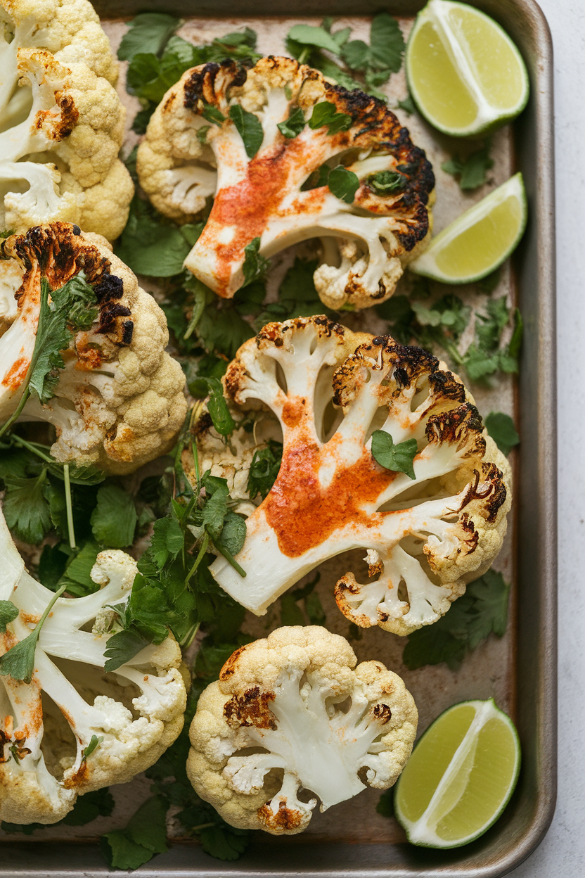 Indoor tray with thick cauliflower slices seasoned with red harissa paste, charred edges visible, lime wedges nearby. No text or logos.