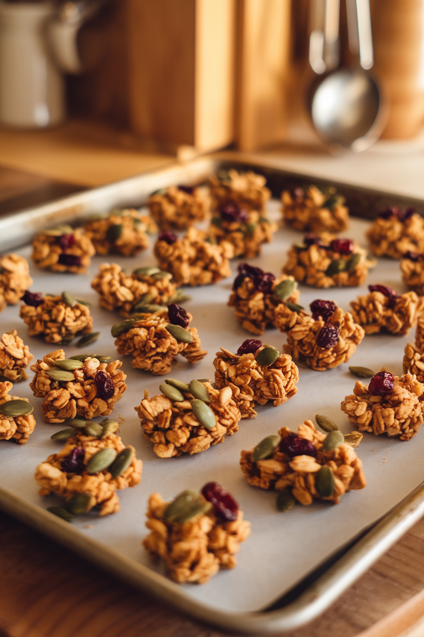 Indoor photo of a baking sheet loaded with golden granola clusters studded with green pumpkin seeds and dried cranberries. Warm kitchen lighting, no text or logos.