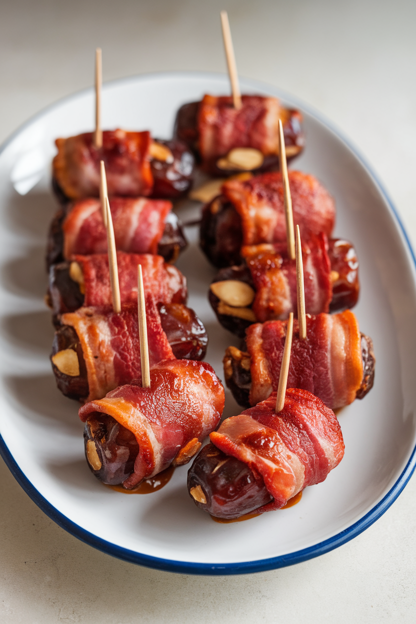 Indoor photo of bacon-wrapped dates on a white oval plate, glaze glistening, toothpicks inserted; no text or logos.
