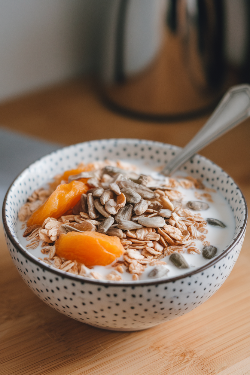Indoor photo of a bowl of muesli mixed with dried apricots, sunflower seeds, and milk, spoon resting on side; no text or logos present.