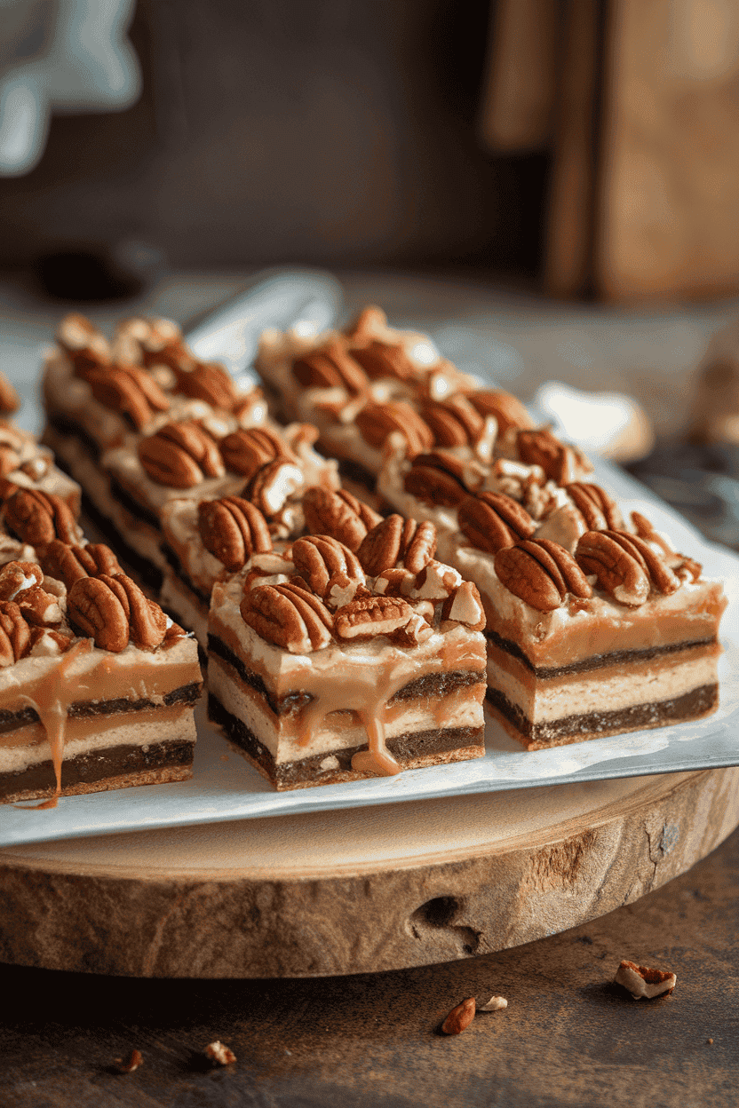 Indoor snack platter with rectangular bars layered with espresso-flavored shortbread, gooey caramel, and toasted pecans on top. No text or logos. Photo only.
