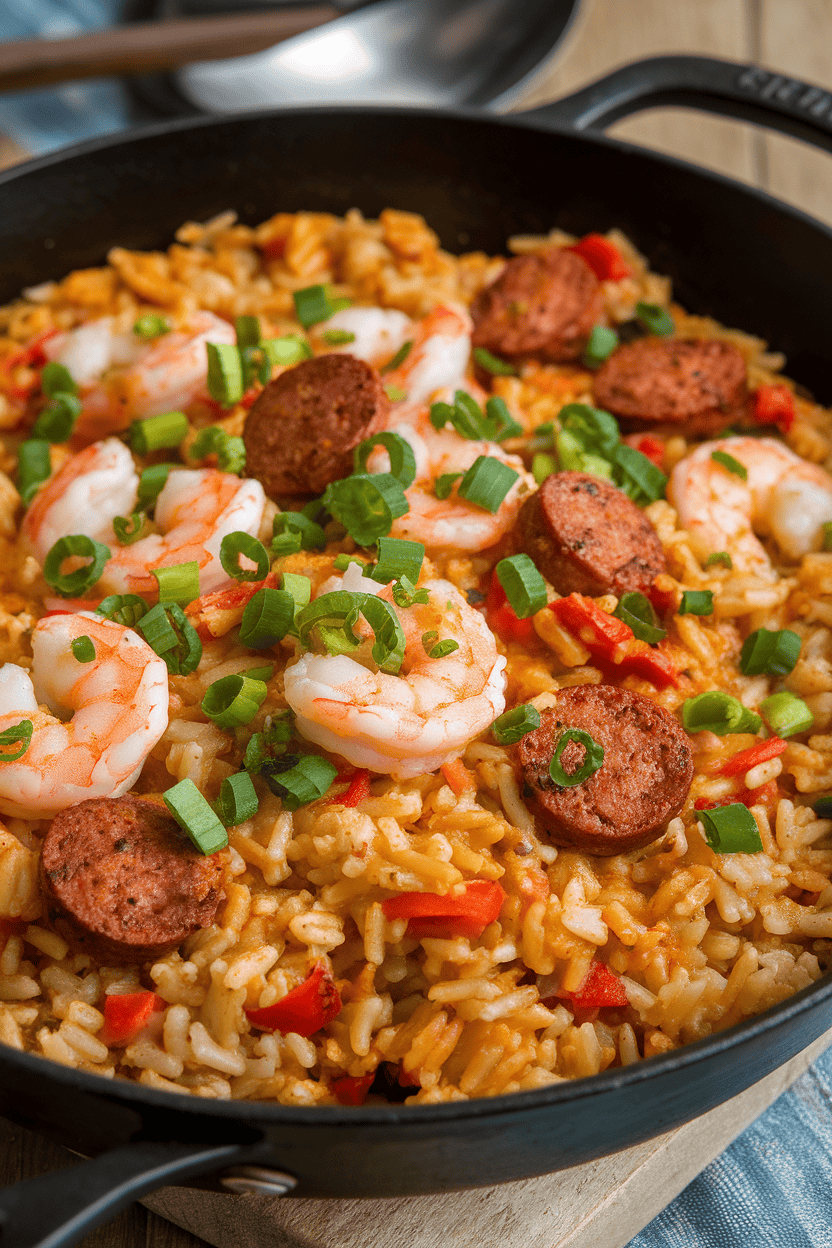 Indoor photo of a deep skillet brimming with jambalaya—rice, andouille sausage, shrimp, and peppers—garnished with chopped scallions. No text or logos in shot.