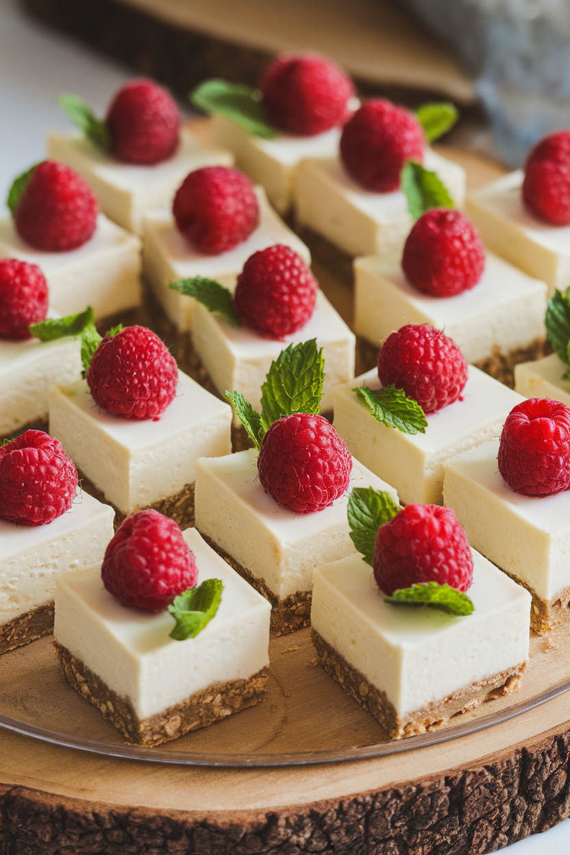 An indoor dessert platter holding bite-sized cheesecake squares topped with fresh raspberries and mint leaves, creamy filling visible above a light oat crust. No text or logos.