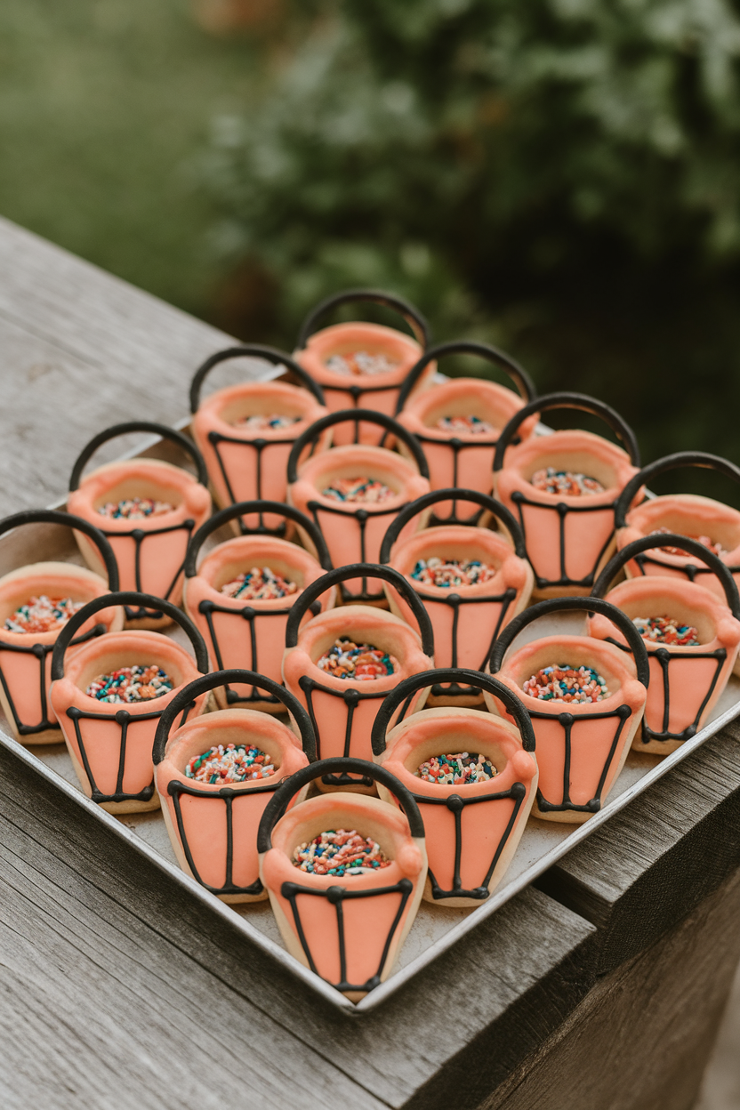 Indoor photo of mini bucket-shaped cookies iced orange with a black handle design and tiny colored sprinkle “candy” inside, no text or logos.