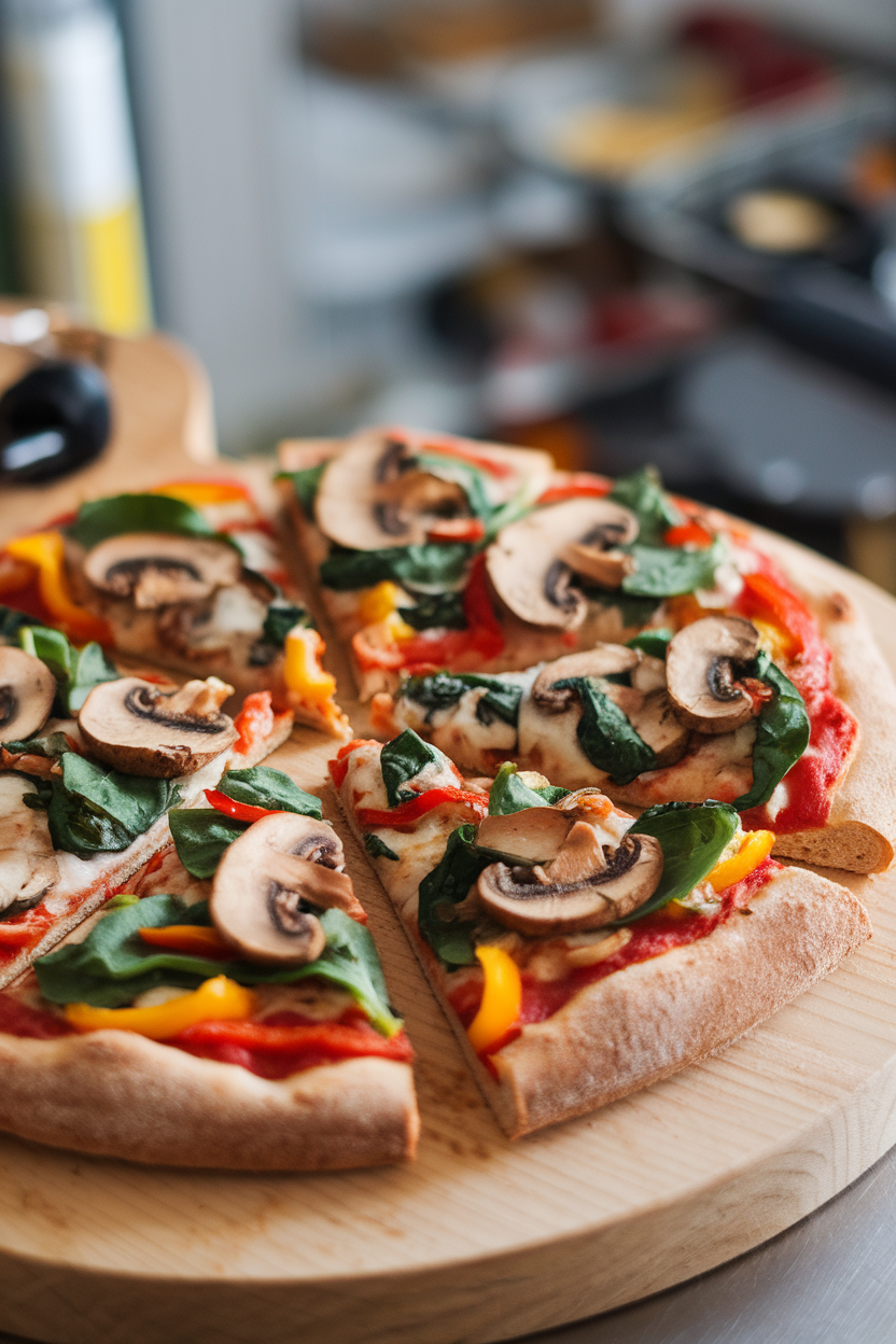 Indoor photo of a sliced whole-wheat crust pizza topped with mushrooms, spinach, and bell peppers on a wooden board; no text or logos anywhere.