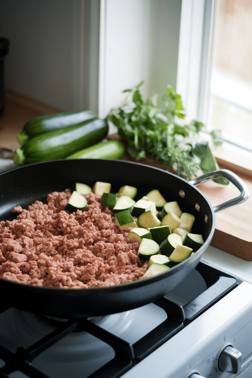 An indoor skillet shot of browned ground turkey and zucchini cubes on a stovetop, gentle morning light. No text or logos anywhere.