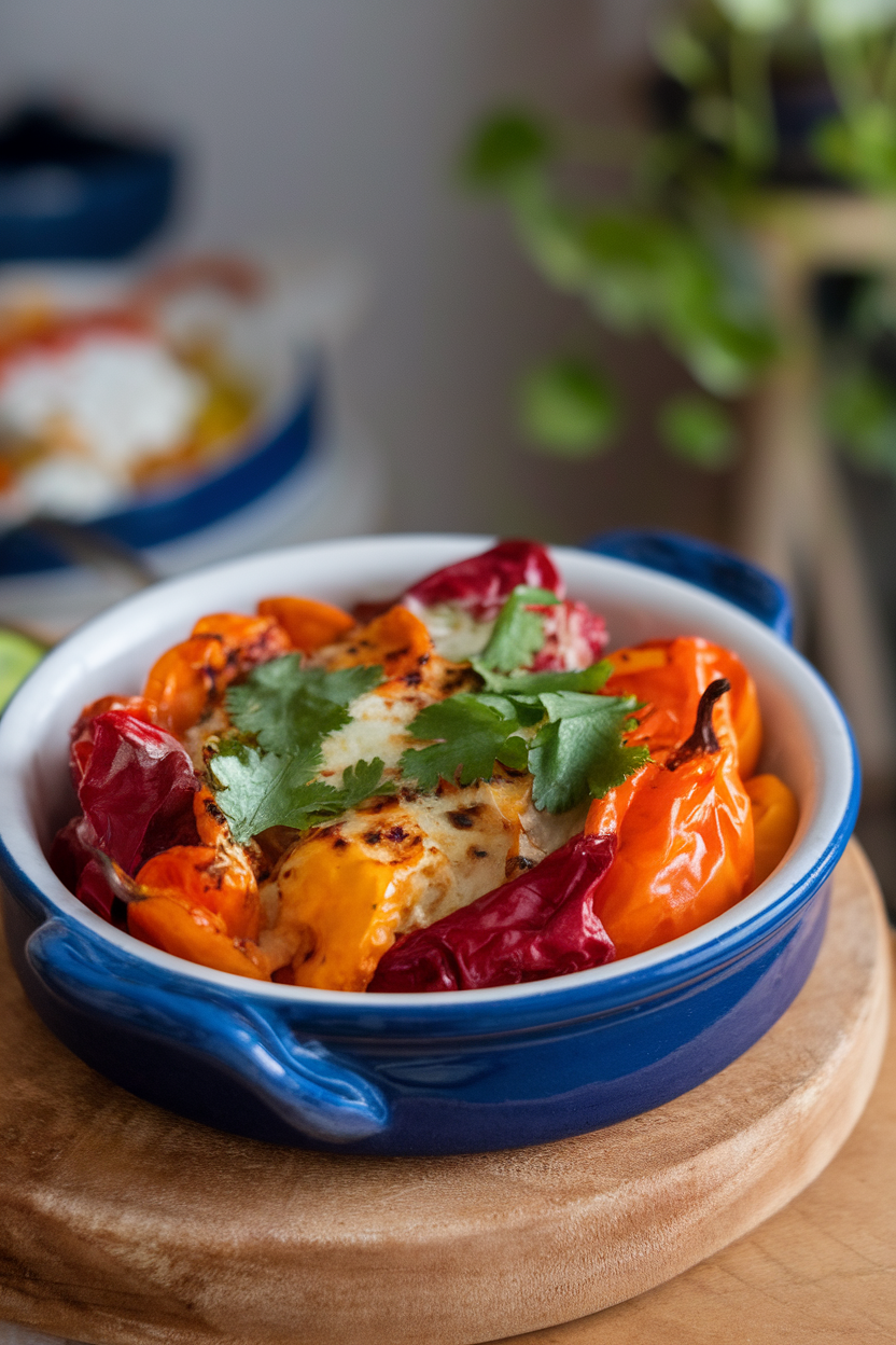 An indoor ceramic dish filled with roasted orange and red mini peppers oozing pepper jack cheese, flecks of cilantro on top. No text or logos. Photo, not illustration.