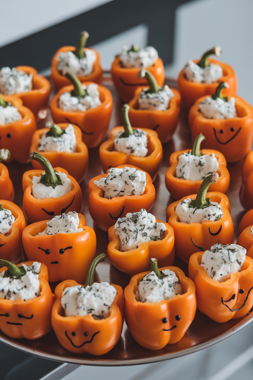 Photo of orange mini bell peppers with little carved faces, stuffed with herbed goat cheese, arranged on an indoor platter. No text or logos.